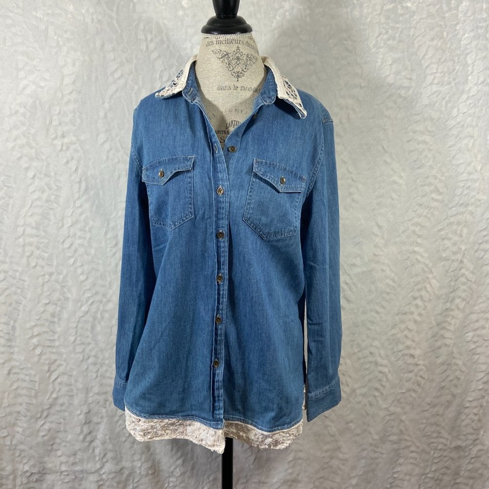 Denim Upcycled Redesigned Lace Heart Recycled button up western shirt - Picture 9 of 12